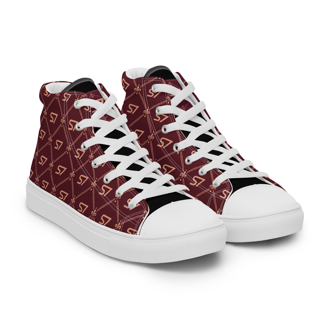 S7 Burgundy Royale women’s high-top canvas sneakers featuring rose-gold-tone S7 monograms and ornate diamond lattice on burgundy with black accents.