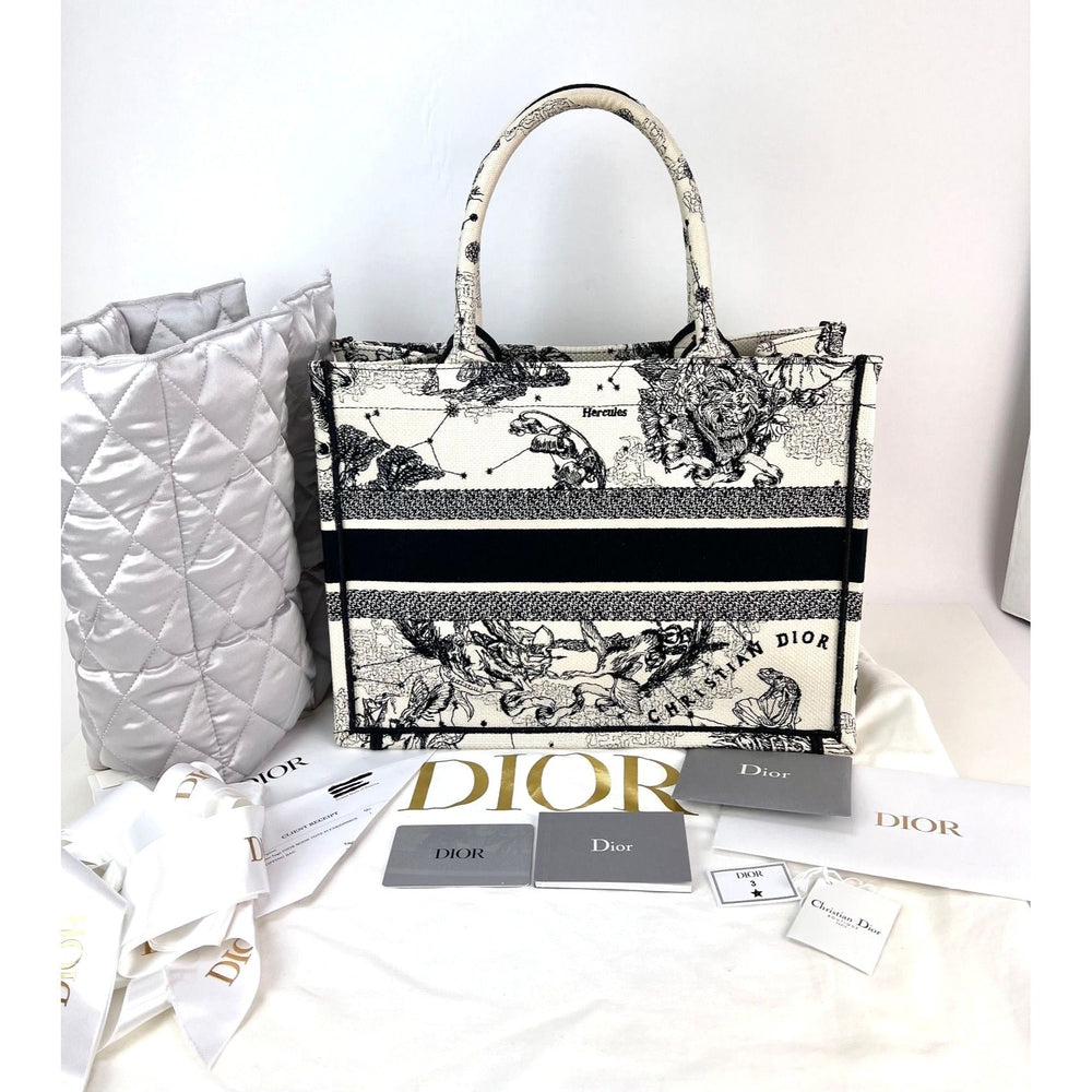 Christian Dior Book Embroidered Canvas Medium Stars and Signs Black Tote with accessories and box.