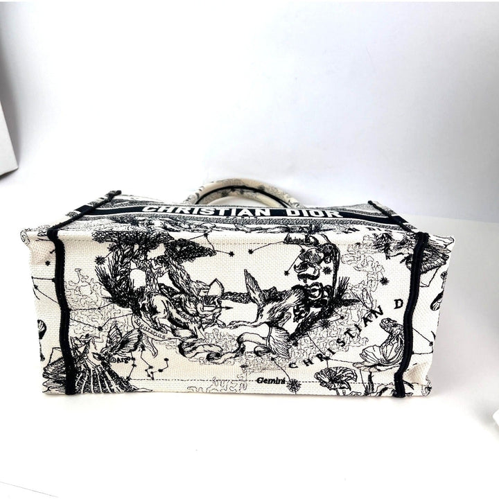 Christian Dior Book Embroidered Canvas Medium Stars and Signs Black Tote showcasing detailed embroidery and luxury design.