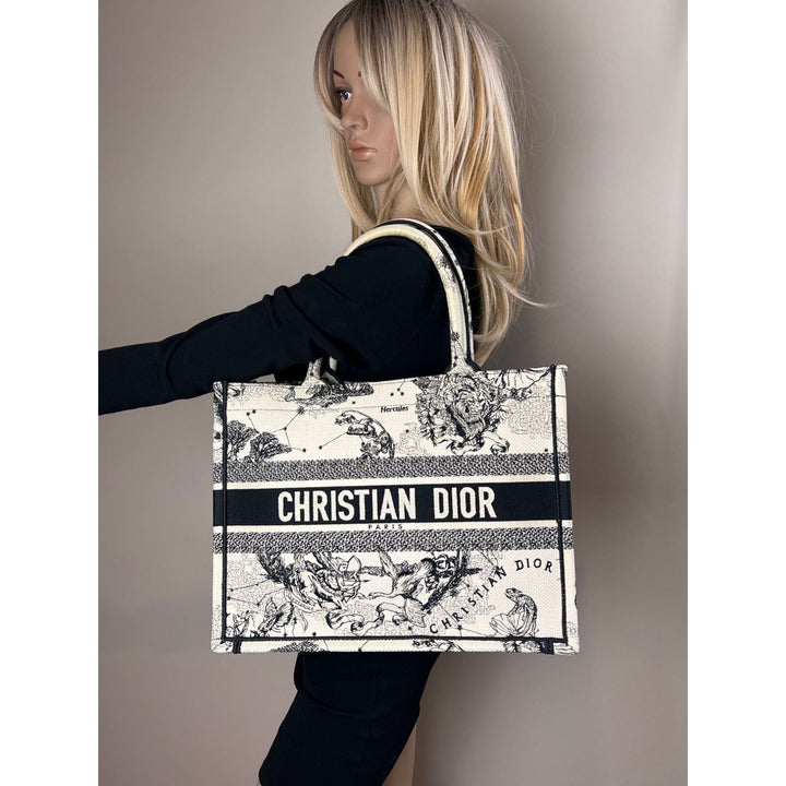 Christian Dior Book Embroidered Canvas Medium Stars and Signs Black Tote displayed, showcasing luxury bags design.