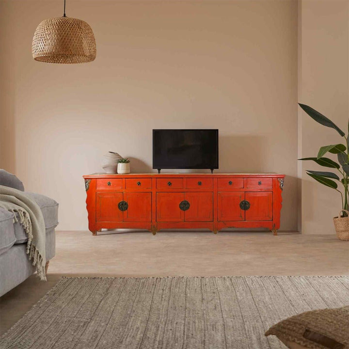 9 Feet Long Red Antique Chinese Buffet Sideboard Cabinet | Designer Sale