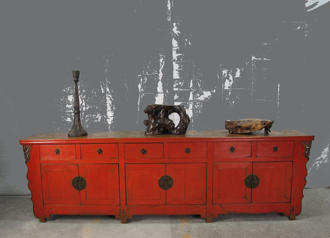 9 Feet Long Red Antique Chinese Buffet Sideboard Cabinet | Designer Sale