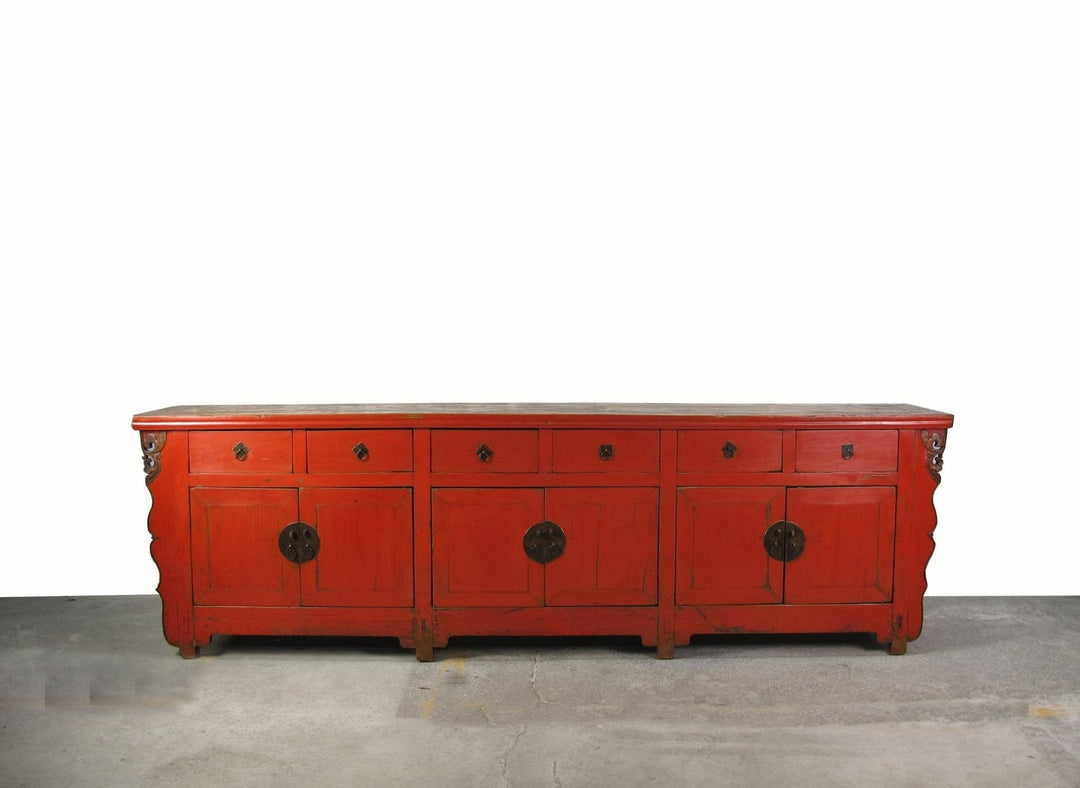 9 Feet Long Red Antique Chinese Buffet Sideboard Cabinet | Designer Sale