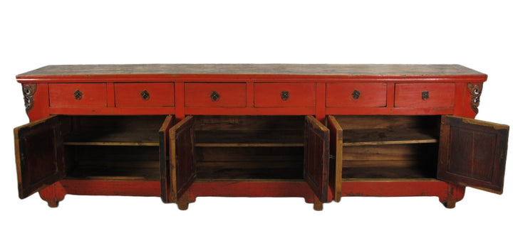 9 Feet Long Red Antique Chinese Buffet Sideboard Cabinet | Designer Sale