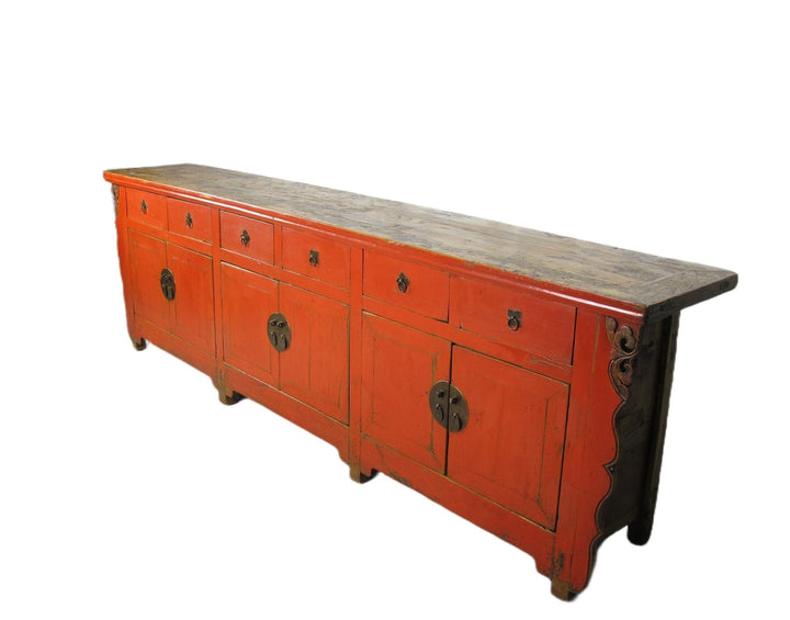 9 Feet Long Red Antique Chinese Buffet Sideboard Cabinet | Designer Sale