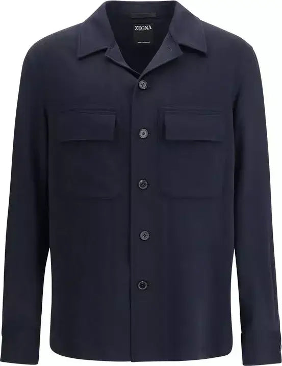 Navy blue jacket with button details on a white background