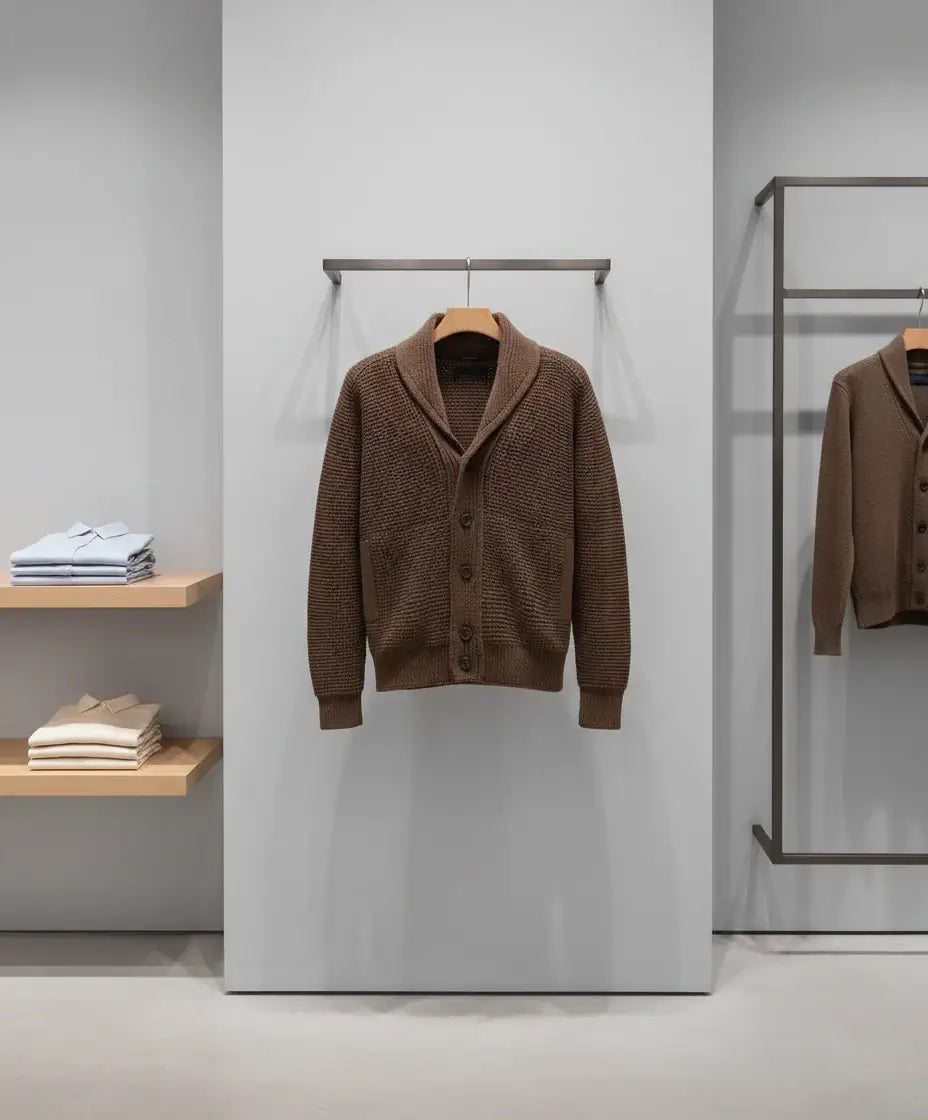 Brown textured cardigan on a white background